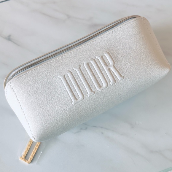 DIOR White Faux Leather Cosmetic Pouch Makeup Bag Case Embossed Logo New - Picture 1 of 16